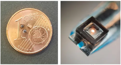 4K-MEMS infrared emitter chips next to a one-cent coin, and a close-up of a glowing emitter